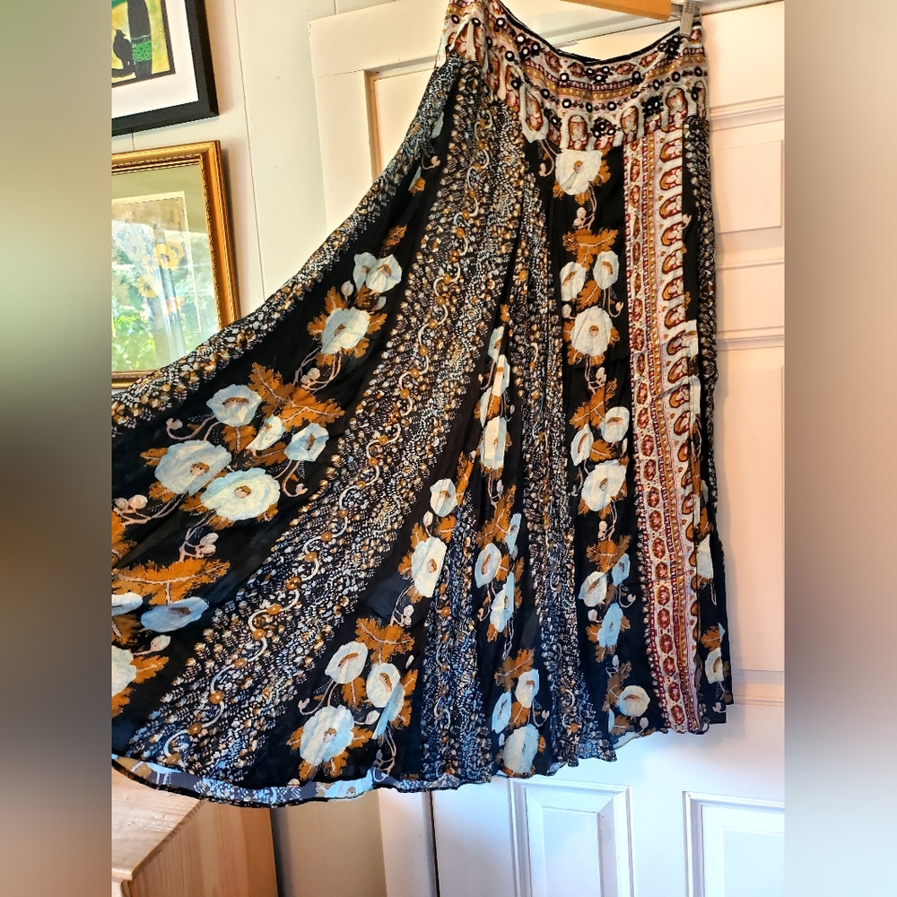 Free People Silk Road Boho Side Slit Skirt Size 10 Satin
